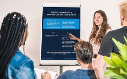 Drei Studierende hören einer Studierende, Referentin, Professorin, Dozentin zu, zeigt auf Flipchart mit Infos zum Zitieren