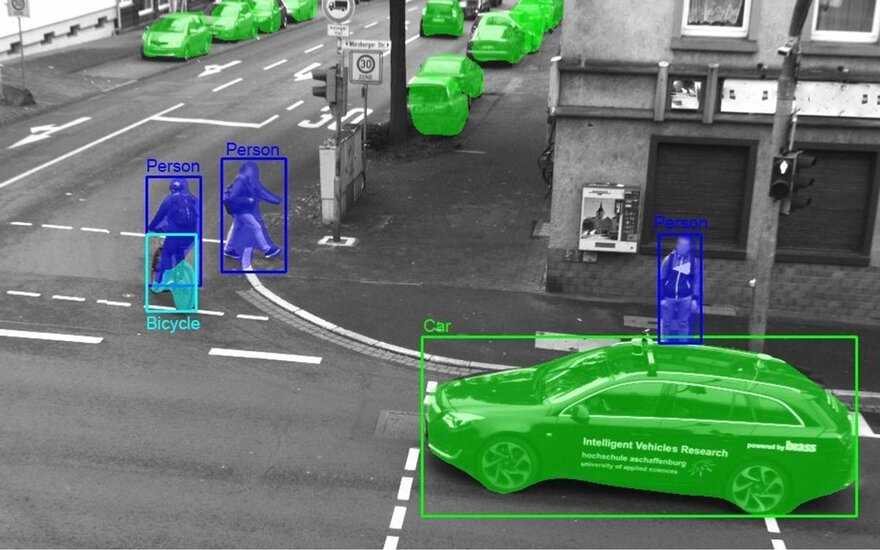 Schaubild Forschungsprojekt KI Data Tooling Auto soll Menschen erkennen die am Straßenverkehr teilnehmen