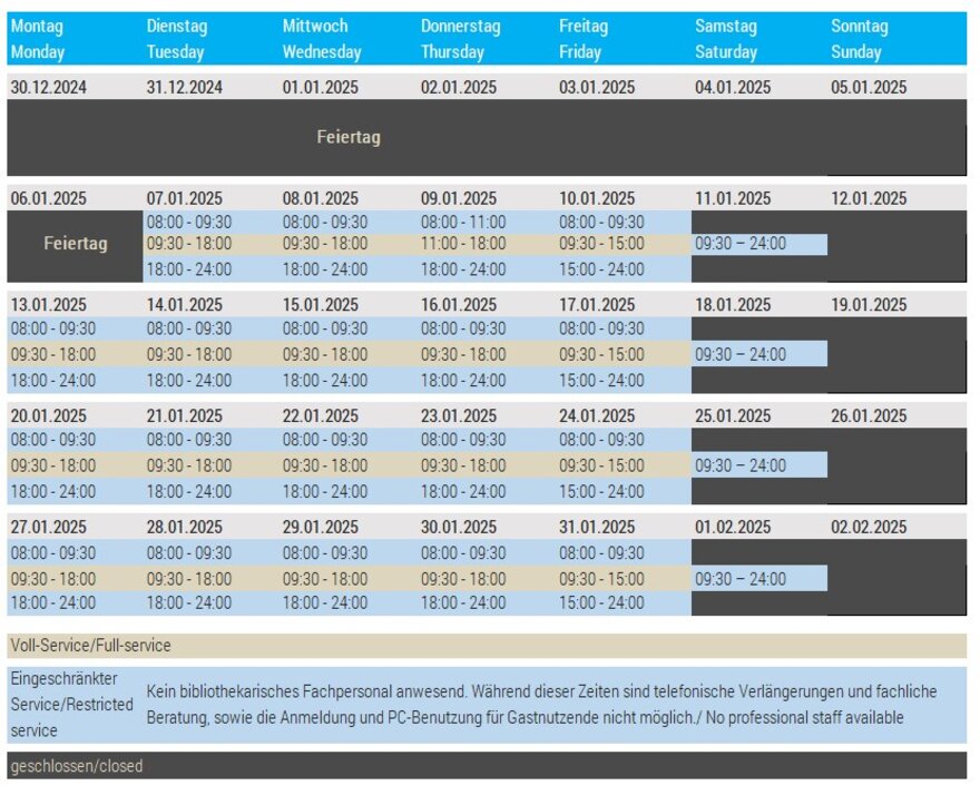 Öffnungszeiten Bibliothek Januar 2025